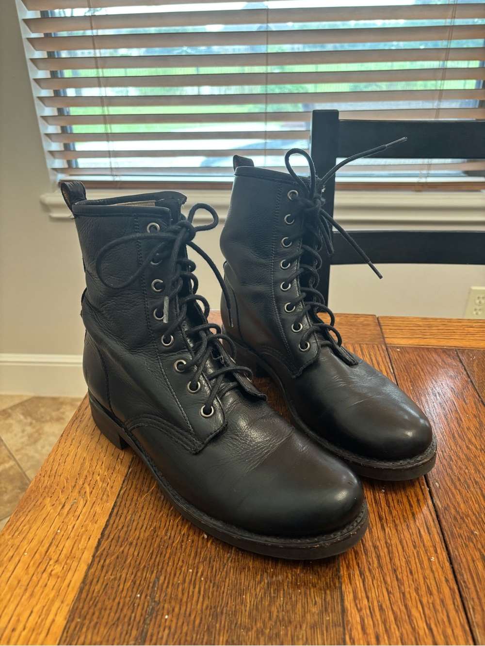 Frye Black Leather Lace-Up Veronica Combat Boots